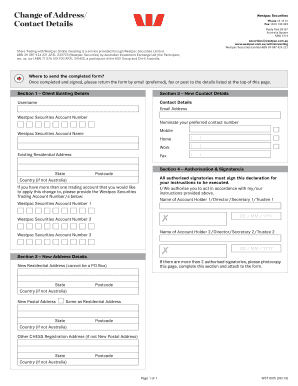 Westpac Change of Address Form