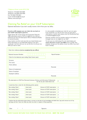 UK Tax Relief Claim Form for CILIP Subscription