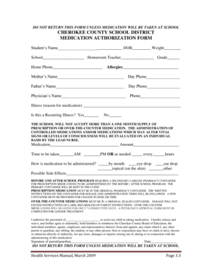 Cherokee County School Medication Authorization Form