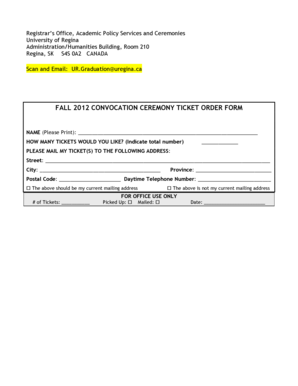 University of Regina Graduation Ticket Order Form