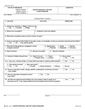 Michigan Juror Personal History Questionnaire