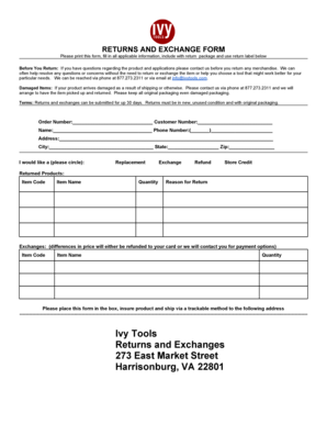 Ivy Tools Returns and Exchange Form