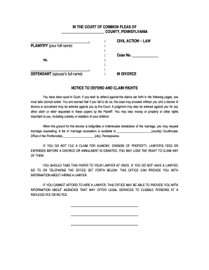 Pennsylvania Divorce Complaint Form