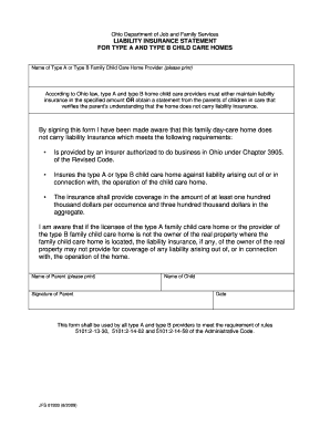 Ohio Child Care Liability Insurance Statement