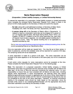 California Name Reservation Request Form