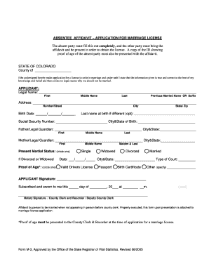 Absentee Affidavit for Colorado Marriage License