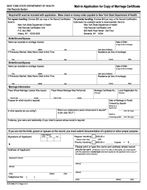 New York State Mail-in Application for Copy of Marriage Certificate