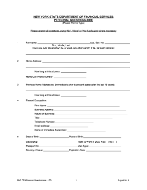 New York DFS Personal Questionnaire