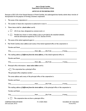 North Carolina Articles of Incorporation