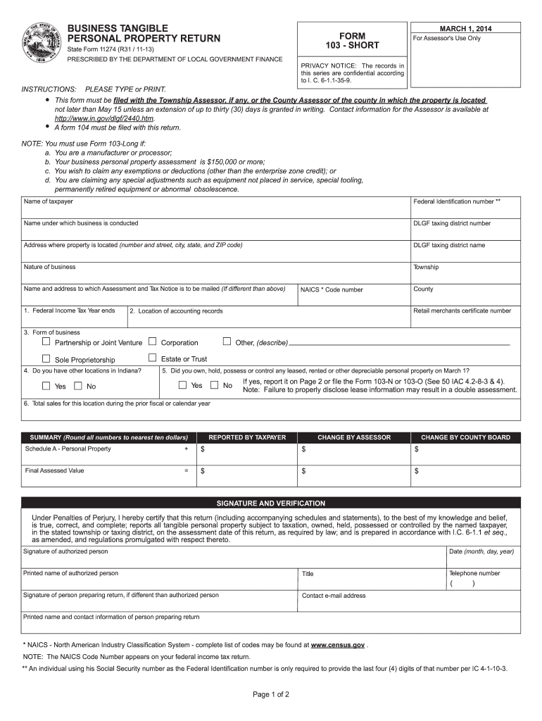 Form 103 Short - Jefferson County Government - State of Indiana Preview on Page 1