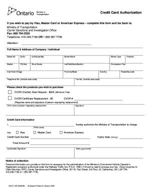 Ontario Credit Card Authorization Form