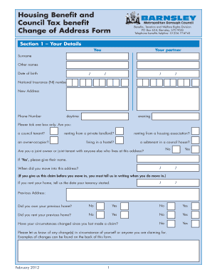 Barnsley Council Housing Benefit Change of Address Form