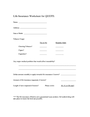 Life Insurance Quote Worksheet