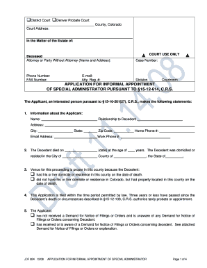 Application for Informal Appointment of Special Administrator