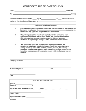 Certificate and Release of Liens