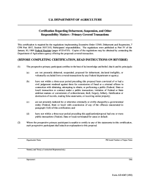 USDA Debarment Certification Form