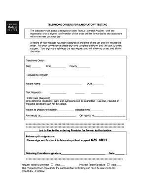 Telephone Order for Laboratory Testing