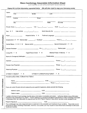 Waco Cardiology Associates Patient Information Form