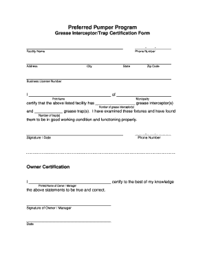 Grease Interceptor Certification Form