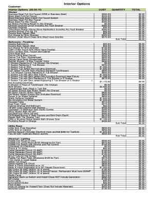Interior Options Cost Estimate Form
