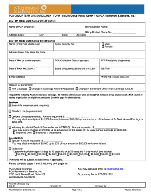 PCA Group Term Life Enrollment Form