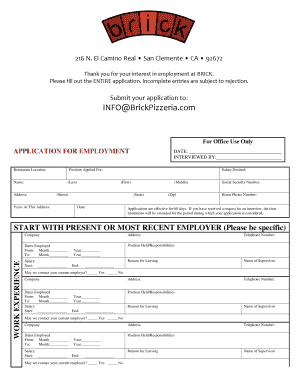 BRICK Pizzeria Employment Application
