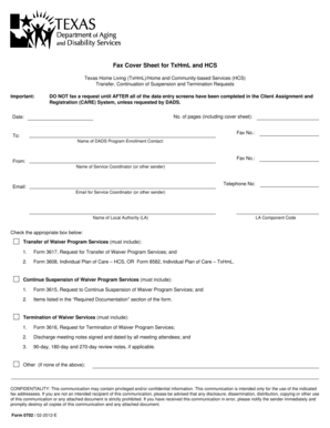 Fax Cover Sheet for TxHmL and HCS