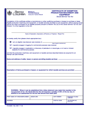 Certificate of Exemption for Production Machinery and Equipment