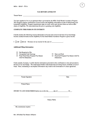 MDA Small Rental Assistance Program Tax Return Affidavit