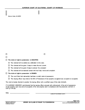 Order on Claim of Right to Possession