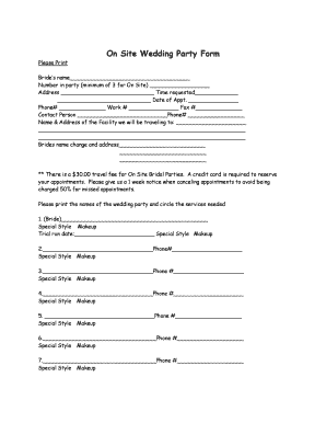 On Site Wedding Party Form