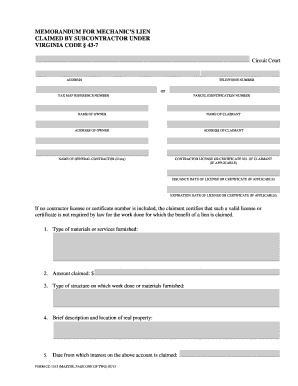 Virginia Mechanic's Lien Claim Form