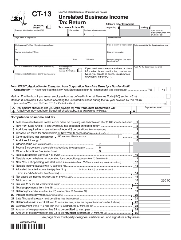 Form CT-13:2014:Unrelated Business Income Tax Return:ct13 - tax ny Preview on Page 1
