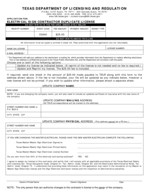Texas Electrical Sign Contractor Duplicate License Application