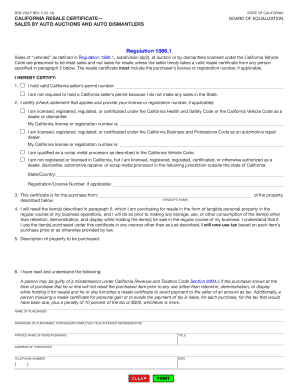 California Resale Certificate for Auto Auctions and Dismantlers