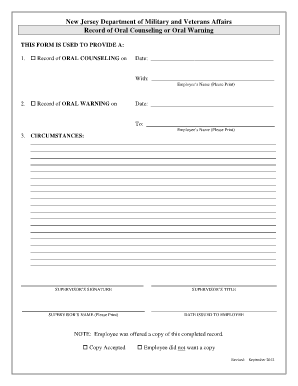 New Jersey Oral Counseling or Warning Form