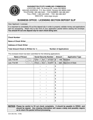 Washington State Gambling Commission Deposit Slip