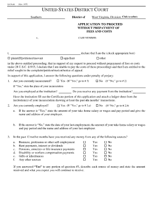 US Federal Application to Proceed Without Prepayment of Fees and Costs