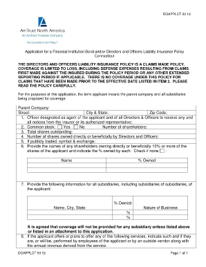 Application for Financial Institution Bond and D&O Liability Insurance