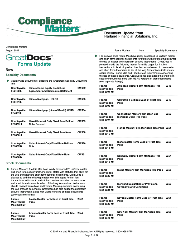 Fillable Online Compliance Matters August 2007 Forms Update New