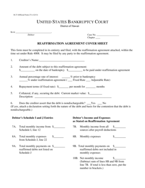 US Bankruptcy Reaffirmation Agreement Cover Sheet