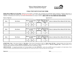 Michigan Summer Food Service Field Trip Notification Form