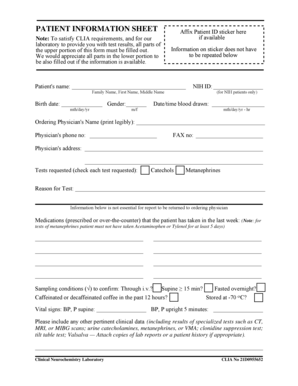 Patient Information Sheet for Laboratory Tests