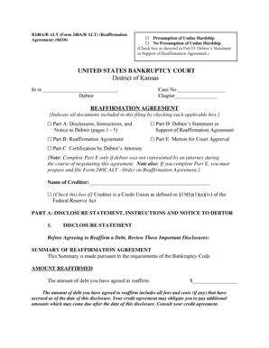 US Bankruptcy Reaffirmation Agreement Form 240A/B ALT