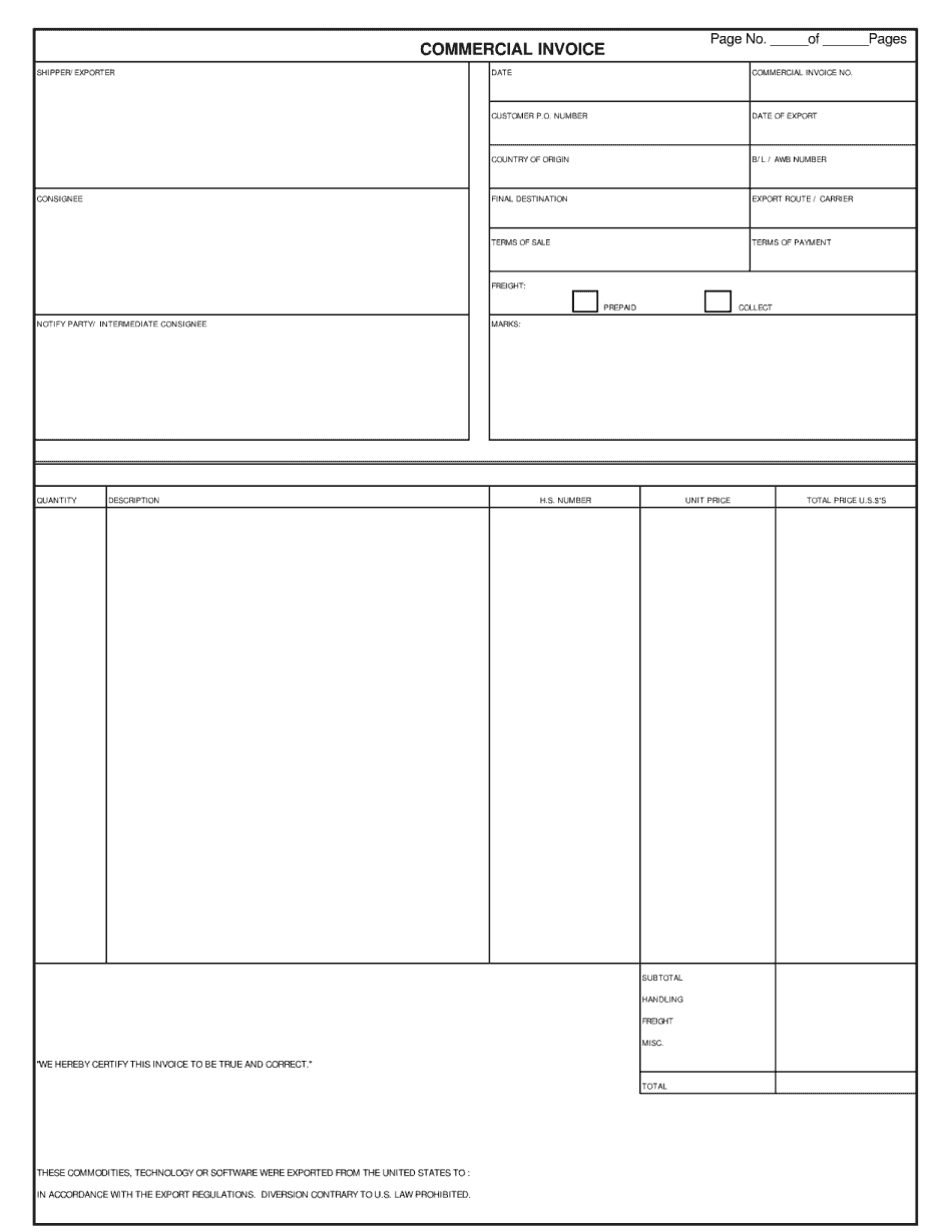 Commercial Invoice Template Form