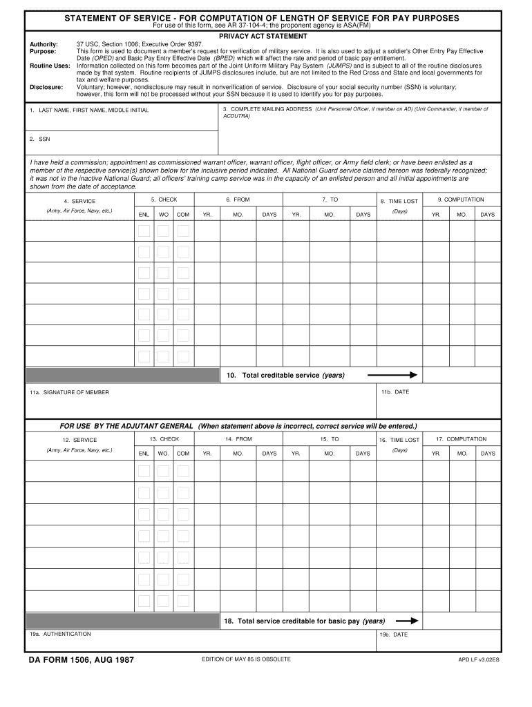 Da Form 1506 - Fill Online, Printable, Fillable, Blank | pdfFiller
