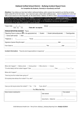 Printable school incident report forms - oakland unified school district bullying