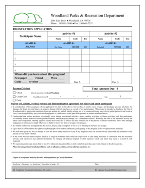 Woodland Parks & Recreation Activity Registration Application