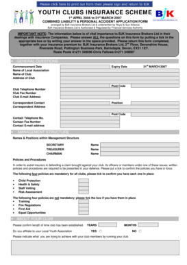 Youth Clubs Combined Liability Insurance Application