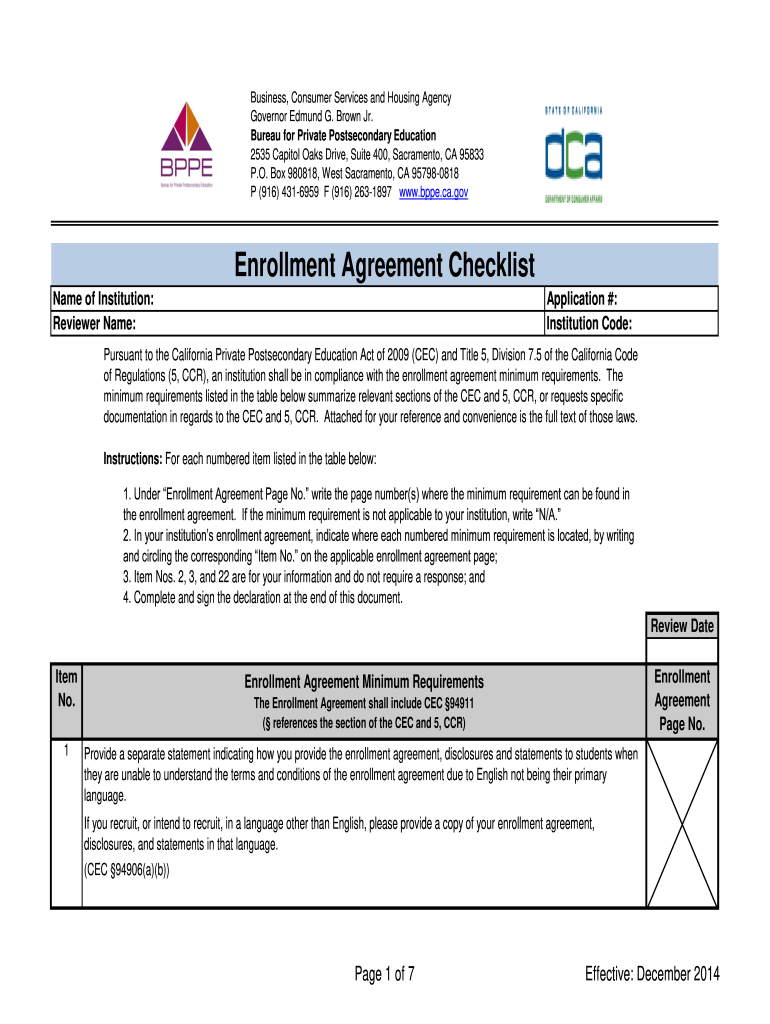 bppe enrollment agreement checklist Preview on Page 1